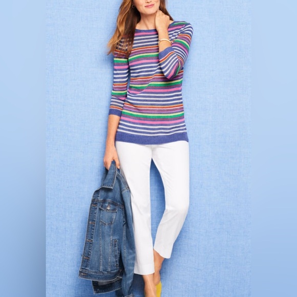 Talbots Petunia Striped 100% Linen Crewneck Sweater Ribbed Hem Side Slits MP - Picture 2 of 12